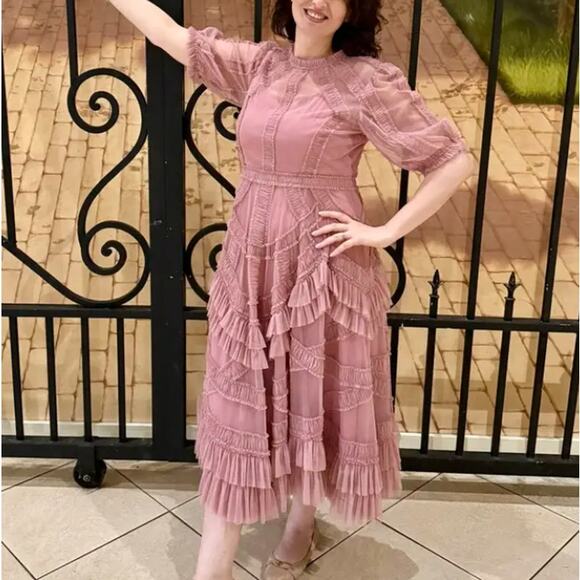 Mac Duggal Pink Mesh Tiered Ruffle Midi Dress SIZE 8 Romantic Designer $700 - Picture 4 of 13